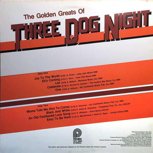 Three Dog Night ‎– The Golden Greats Of Three Dog Night - VG+ LP Record 1979 Pickwick USA Vinyl - Classic Rock / Psychedelic Rock - Shuga Records