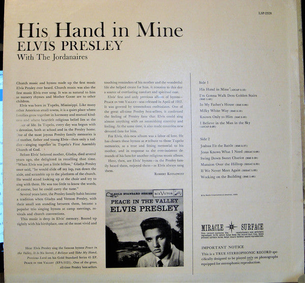 Elvis Presley With The Jordanaires - His Hand In Mine - VG+ LP Record 1964 RCA USA Original Vinyl - Rock / Gospel - Shuga Records