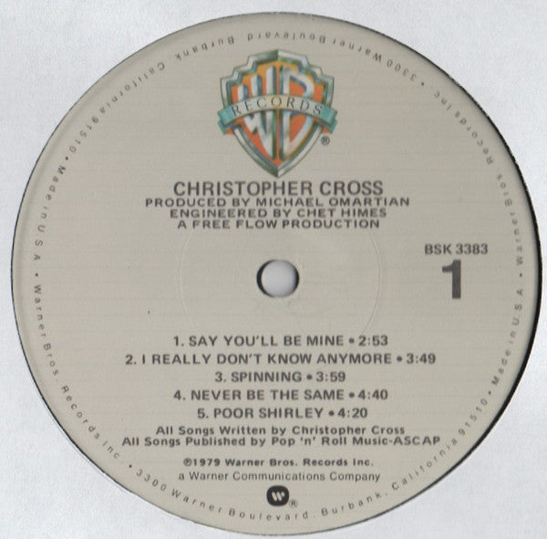 Christopher Cross - Christopher Cross - VG+ LP 1979 USA Warner USA Vinyl - Soft Rock / Pop Rock / AOR - Shuga Records