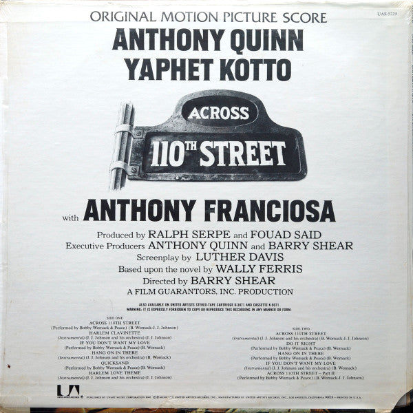 Bobby Womack, J.J. Johnson – Across 110th Street - VG+ LP Record 1972 United Artists USA Vinyl - Soundtrack / Soul / Funk - Shuga Records
