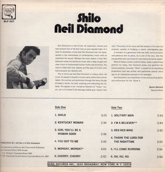 Neil Diamond - Shilo - VG+ LP Record 1970 Bang USA Original Vinyl - Pop Rock / Soft Rock - Shuga Records