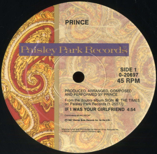 Prince - If I Was Your Girlfriend - VG+ 12" Single Record 1987 Paisley Park USA Vinyl - Pop / Minneapolis Sound / Funk - Shuga Records