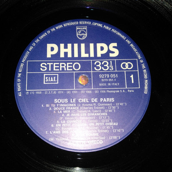 Juliette Gréco - Sous Le Ciel De Paris - Mint- LP Record 1974 Philips Italy Vinyl - Pop / Chanson - Shuga Records