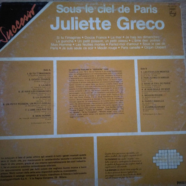 Juliette Gréco - Sous Le Ciel De Paris - Mint- LP Record 1974 Philips Italy Vinyl - Pop / Chanson - Shuga Records
