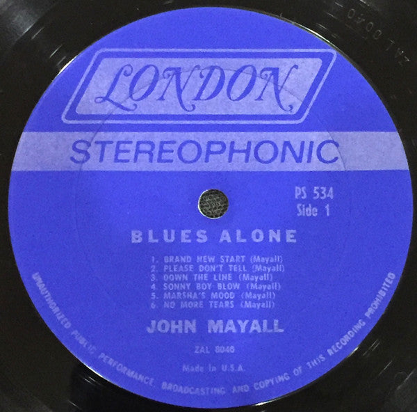 John Mayall - The Blues Alone - VG+ LP Record 1967 London USA Vinyl - Blues Rock / Chicago Blues / Classic Rock - Shuga Records