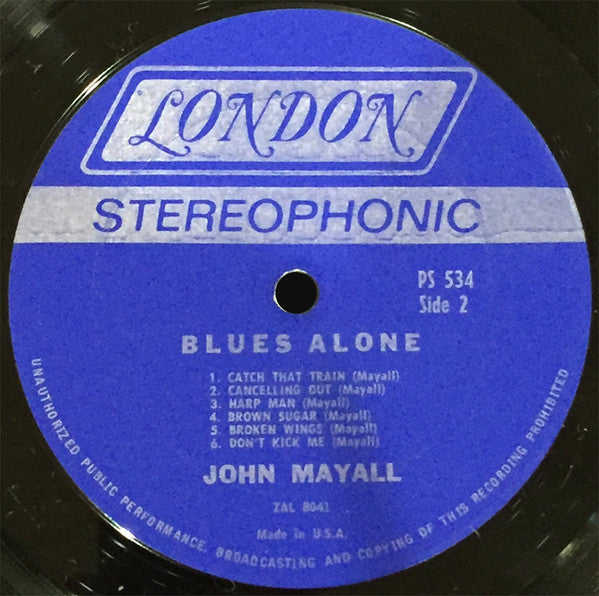 John Mayall - The Blues Alone - VG+ LP Record 1967 London USA Vinyl - Blues Rock / Chicago Blues / Classic Rock - Shuga Records