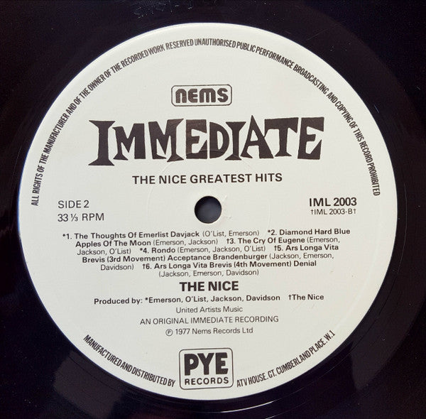 The Nice - Greatest Hits - Mint- LP Record 1977 Immediate UK Vinyl - Classic Rock / Prog Rock - Shuga Records