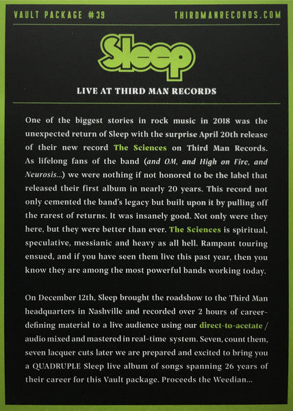 Sleep ‎– Live At Third Man Records - New 4 LP Record Box Set 2019 Third Man Vault Club Package 39 USA Colored Vinyl, Patch & Inserts - Doom Metal / Stoner Rock