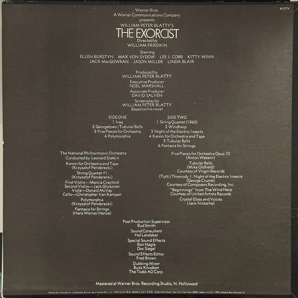 Leonard Slatkin, Mike Oldfield, Jack Nitzsche, George Crumb - Music Excerpts From The Motion Picture The Exorcist - VG- (LOW GRADE) LP Record 1974 Warner USA Original Vinyl - Soundtrack / Ambient / Experimental - Shuga Records