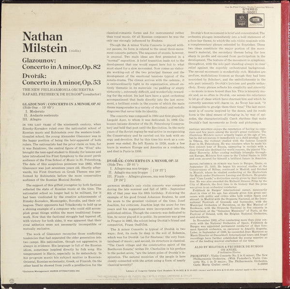 Nathan Milstein & De Burgos - Glazunov / Dvořák -Concerto in A Minor, Opus 82 / Concerto in A Minor, Opus 53 - Mint- LP Record 1967 Angel USA Original Vinyl Stereo - Classical - Shuga Records