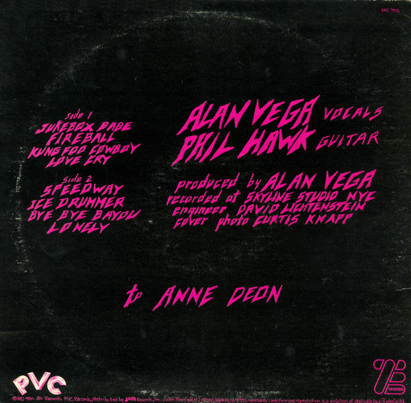Alan Vega – Alan Vega - VG+ LP Record 1980 PVC LE US Original Press Vinyl - New Wave / Rockabilly - Shuga Records