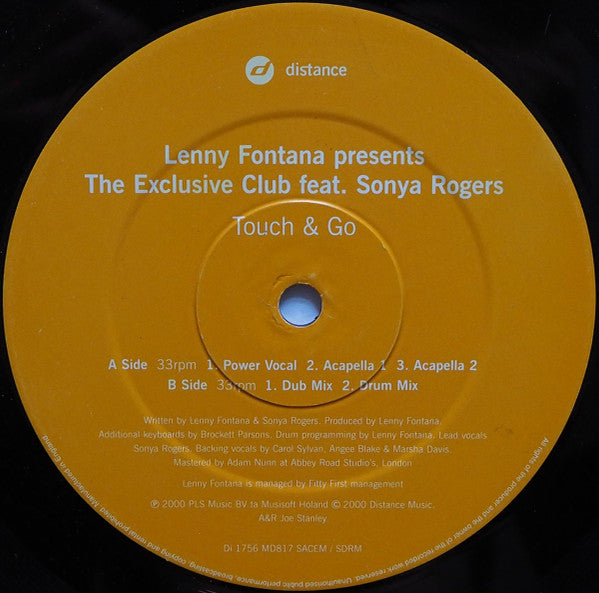 Lenny Fontana Presents The Exclusive Club Feat. Sonya Rogers - Touch & Go - New 12" Single Record 2000 Distance France Vinyl - House / Garage House - Shuga Records