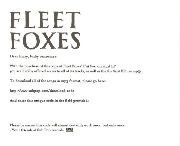 Fleet Foxes - Fleet Foxes - VG+ 2 LP Record 2008 Sub Pop USA Original Press Vinyl & 3x Inserts - Indie Rock / Folk Rock - Shuga Records