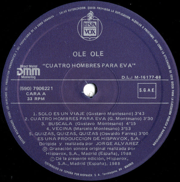 Ole Ole - Cuatro Hombres Para Eva - VG+ LP Record 1988 Hispavox Spain Vinyl - Latin / Europop / Disco - Shuga Records