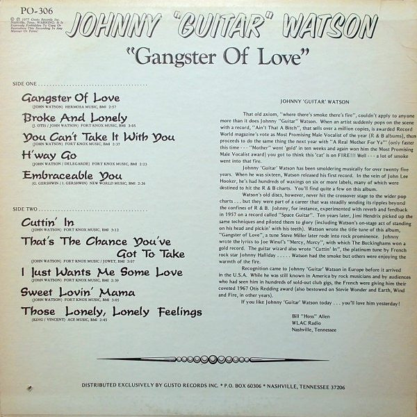 Johnny Guitar Watson - Gangster Of Love - VG+ LP Record 1977 Gusto Power Pak USA Vinyl - Soul / Rhythm & Blues / Funk / Blues - Shuga Records