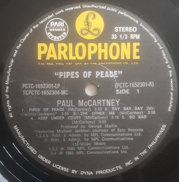 Paul McCartney - Pipes Of Peace - VG+ LP Record 1983 Parlophone MPL Philippines Vinyl - Pop Rock - Shuga Records