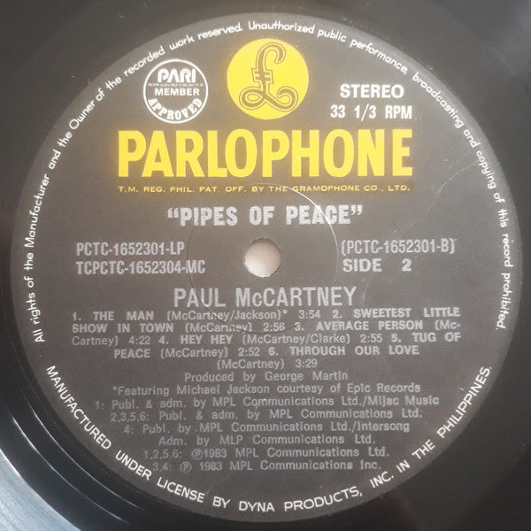 Paul McCartney - Pipes Of Peace - VG+ LP Record 1983 Parlophone MPL Philippines Vinyl - Pop Rock - Shuga Records
