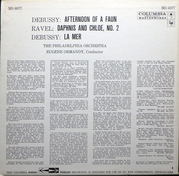 Ormandy - Afternoon Of A Faun / Daphnis And Choloe, No. 2 / La Mer - VG+ LP Record 1959 Columbia USA 6 Eye MS 6077 Vinyl - Classical - Shuga Records