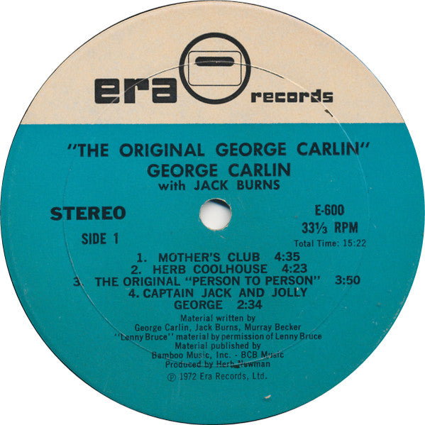 George Carlin With Jack Burns – "The Original George Carlin" - VG+ LP Record 1972 ERA USA Vinyl - Comedy - Shuga Records