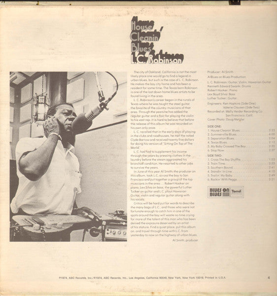 L.C. Robinson - House Cleanin' Blues - VG+ LP Record 1974 Bluesway USA White Label Promo Vinyl - Electric Blues / Texas Blues - Shuga Records