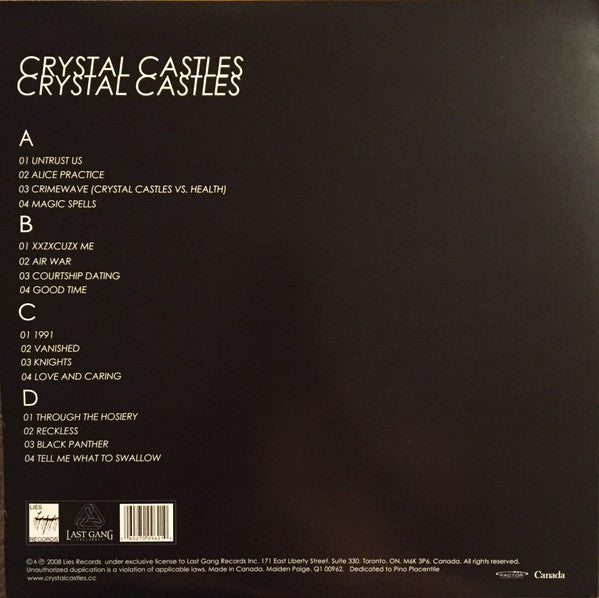 Crystal Castles - Crystal Castles (2008) - Mint- 2 LP Record 2017 Last Gang Lies Vinyl - Electronic / Synth-pop / Electro - Shuga Records