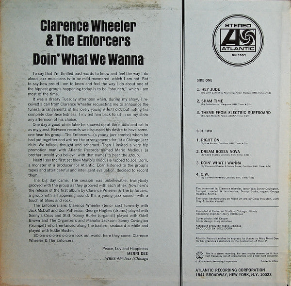 Clarence Wheeler & The Enforcers - Doin' What We Wanna - VG- (lower grade) LP Record 1970 AtlanticUSA Vinyl - Jazz / Soul-Jazz / Jazz-Funk - Shuga Records
