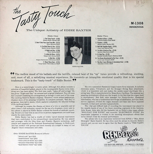 Eddie Baxter - The Tasty Touch - VG+ LP Record 1959 Rendezvous USA Vinyl - Jazz / Space-Age / Exotic - Shuga Records