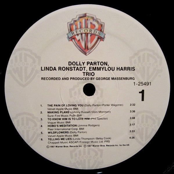 Dolly Parton, Linda Ronstadt & Emmylou Harris - Trio - VG+ LP Record 1987 Warner USA Vinyl - Country / Pop Country - Shuga Records