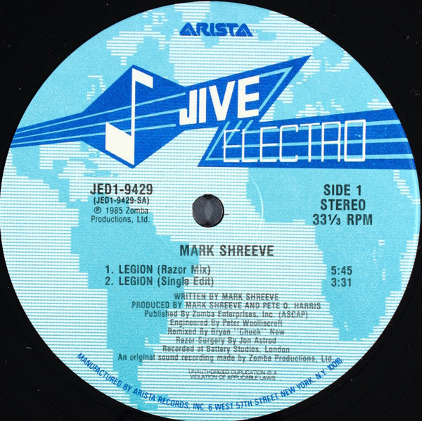Mark Shreeve - Legion - Mint- 12" Singe Record 1985 Jive Electro Vinyl - Electro - Shuga Records