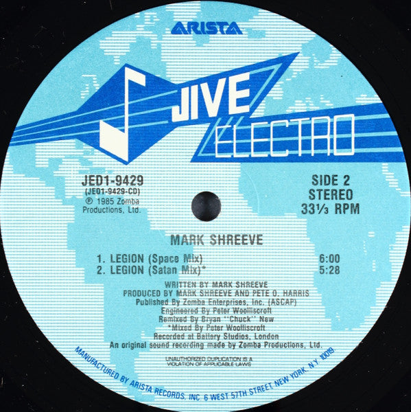 Mark Shreeve - Legion - Mint- 12" Singe Record 1985 Jive Electro Vinyl - Electro - Shuga Records