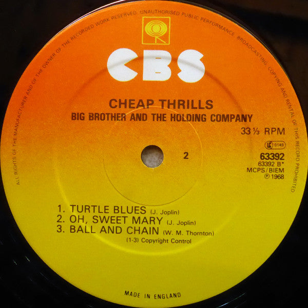 Big Brother & The Holding Company / Janis Joplin - Cheap Thrills (1968) - VG LP Record 1968 Columbia CBS UK Vinyl - Psychedelic Rock / Blues Rock - Shuga Records