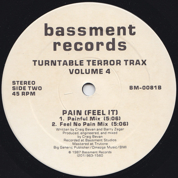 Turntable Terror Trax - Volume 4 Jammin' / Pain (Feel It) - Mint- 12" Single Record 1987 Bassment USA Vinyl - House / Tech House - Shuga Records