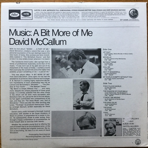 David McCallum - Music: A Bit More Of Me - VG+ LP Record 1967 Capitol USA Original Vinyl - Jazz-Funk / Space Age - Shuga Records