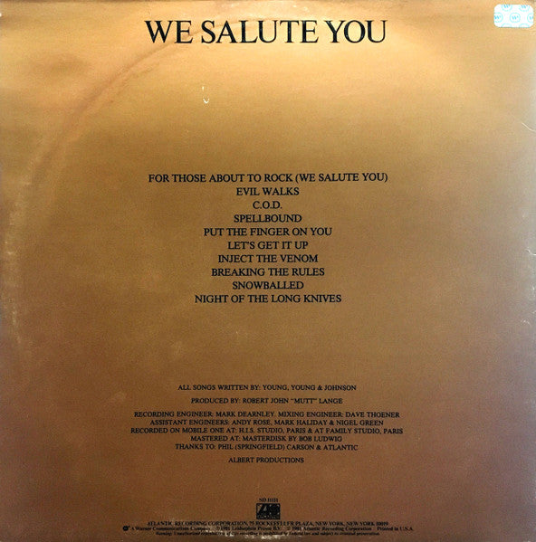 AC/DC - For Those About To Rock We Salute You - VG+ (VG- Cover) LP Record 1981 Atlantic USA Original Vinyl - Hard Rock - Shuga Records