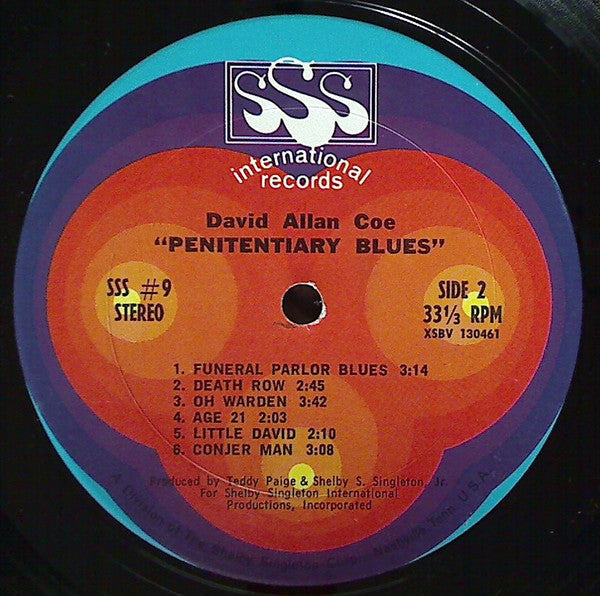 David Allan Coe - Penitentiary Blues - VG+ LP Record 1969 SSS USA Original Vinyl & Die Cut Cover - Electric Blues / Country Blues / Harmonica Blues - Shuga Records