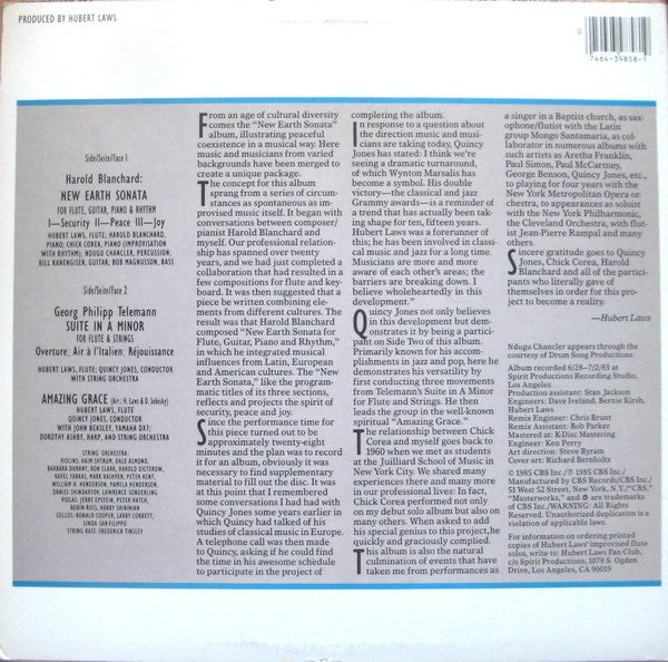Hubert Laws, Quincy Jones, Chick Corea – Blanchard: New Earth Sonata / Telemann: Suite In A Minor (Overture/Air A L'Italien/Rejouissance) - Mint- LP Record 1985 CBS USA Vinyl - Jazz