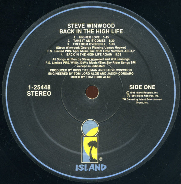 Steve Winwood - Back In The High Life - VG+ LP Record 1986 Island USA Vinyl - Pop Rock / Synth-pop - Shuga Records