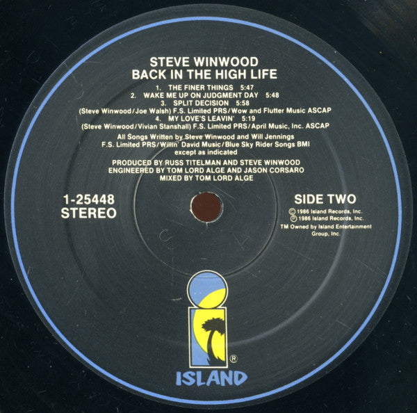 Steve Winwood - Back In The High Life - VG+ LP Record 1986 Island USA Vinyl - Pop Rock / Synth-pop - Shuga Records