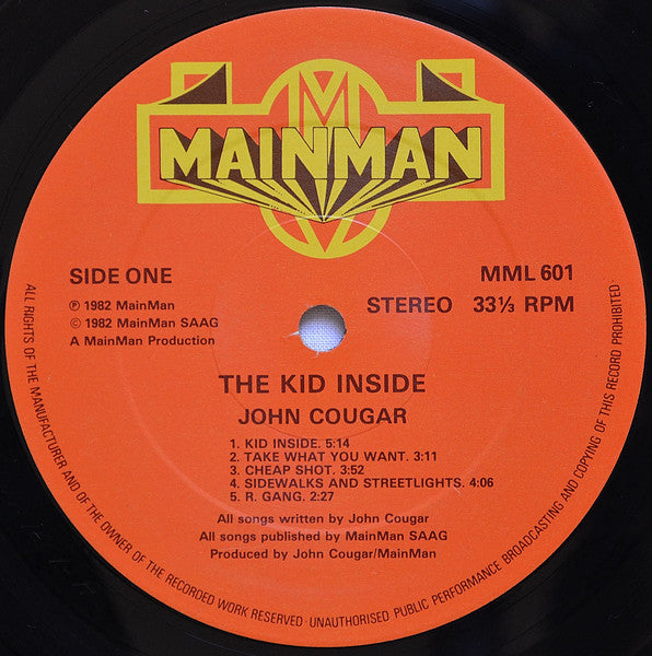 John Cougar – The Kid Inside - Mint- LP Record 1982 Mainman UK Vinyl - Pop Rock / Rock & Roll - Shuga Records