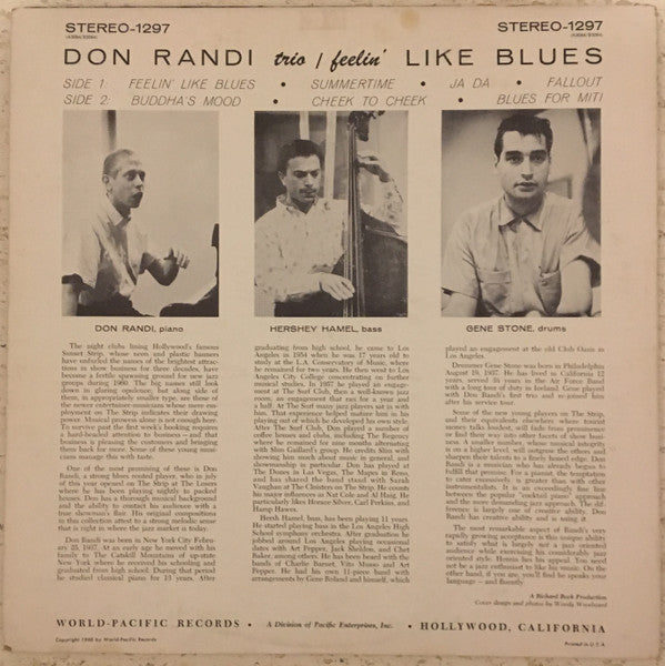 Don Randi Trio - Feelin' Like Blues - VG+ LP Record 1960 World Pacific USA Vinyl - Jazz - Shuga Records