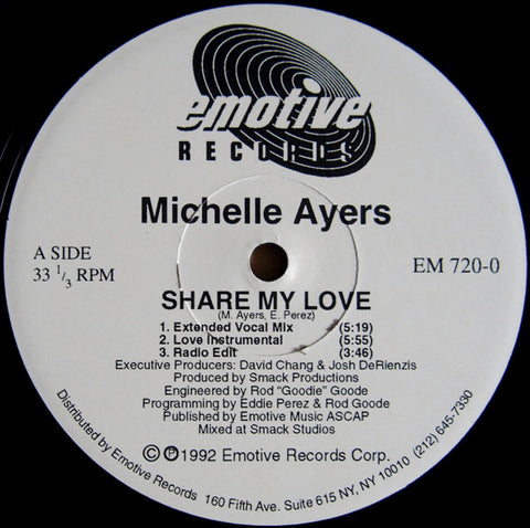 Michelle Ayers ‎– Share My Love - VG+ 12" Single Record 1992 Emotive USA Vinyl - House / Deep House / Garage House