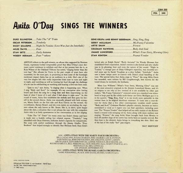 Anita O'Day - Anita O'Day Sings The Winners (1958) - Mint- LP Record 1982 Verve France Vinyl - Jazz - Shuga Records