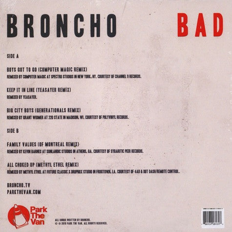 Broncho - Bad - New LP Record Store Day Black Friday 2019 Park The Van RSD Cherry Splatter Vinyl - Pop / Remix Album - Shuga Records