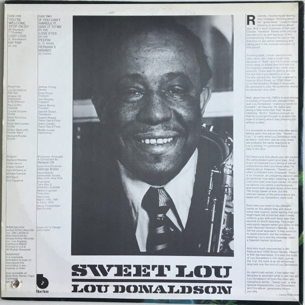 Lou Donaldson - Sweet Lou - VG+- LP Record 1974 Blue Note USA Original Vinyl - Jazz / Soul-Jazz / Jazz-Funk - Shuga Records