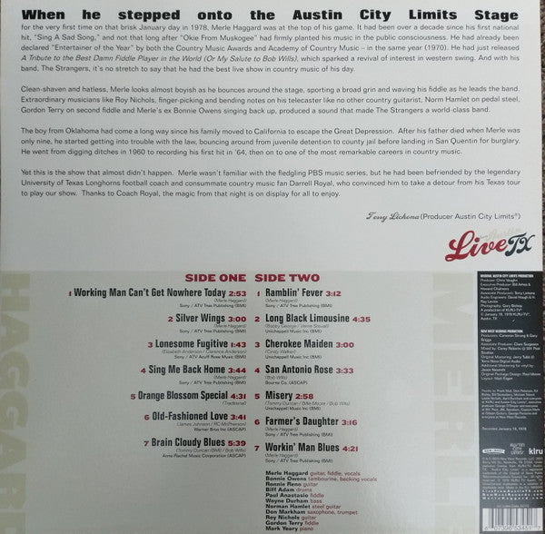 Merle Haggard - Live From Austin TX (1978) - VG+ LP Record 2019 New West USA Black Vinyl - Country - Shuga Records