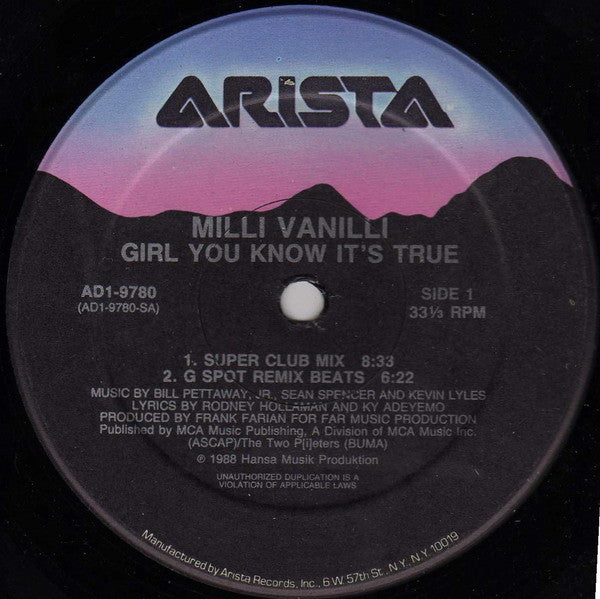 Milli Vanilli - Girl You Know It's True - VG+ 12" Single Record 1988 Arista USA Original Vinyl - Synth-pop / Pop Rap - Shuga Records