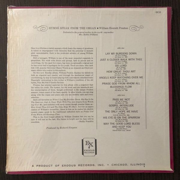 William Everett Preston – Hymns Speak From The Organ - VG+ LP Record 1966 Exodus USA Mono Vinyl - Gospel / Soul / Funk - Shuga Records