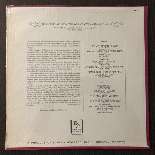 William Everett Preston – Hymns Speak From The Organ - VG+ LP Record 1966 Exodus USA Mono Vinyl - Gospel / Soul / Funk