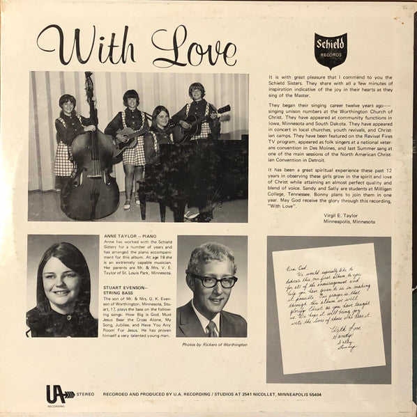 Schield Sisters - WIth Love - VG+ LP Record 1969 USA Private Press Midwest Vinyl - Soft Rock / Folk Rock - Shuga Records