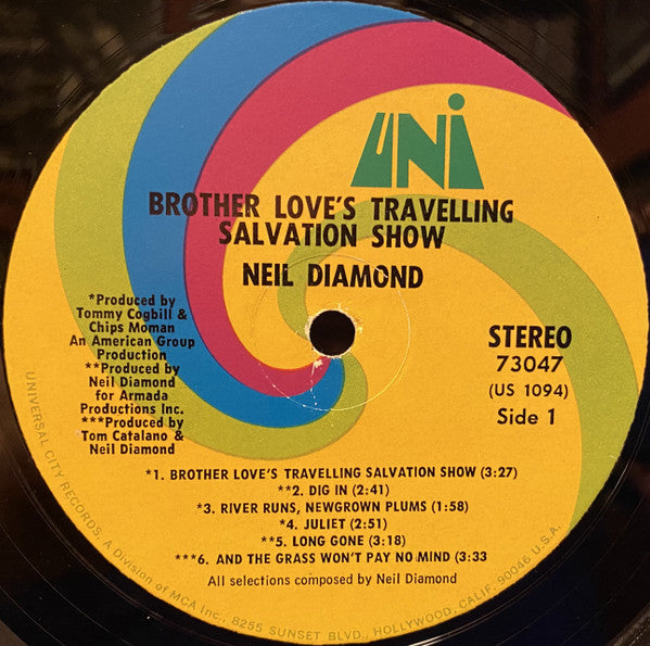 Neil Diamond - Brother Love's Travelling Salvation Show / Sweet Caroline - VG+ LP Record 1969 UNI USA Original Vinyl & 2nd Cover Variation - Pop Rock / Soft Rock - Shuga Records